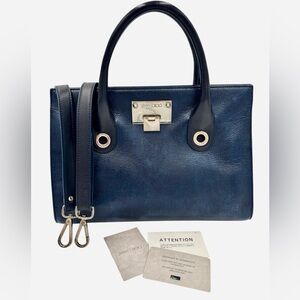 Jimmy Choo Riley Top Handle Shoulder Crossbody Bag Navy Blue Leather Medium 2way